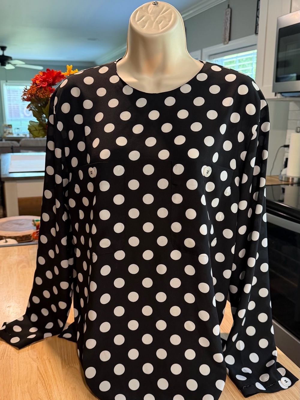 Collection B Black Long-Sleeve Polka Dot Top with White Dots